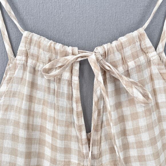 NOTPERFECTLINEN Linen Tunic Mini Dress Womens XS White Tan Gingham Check Strappy - Picture 9 of 14
